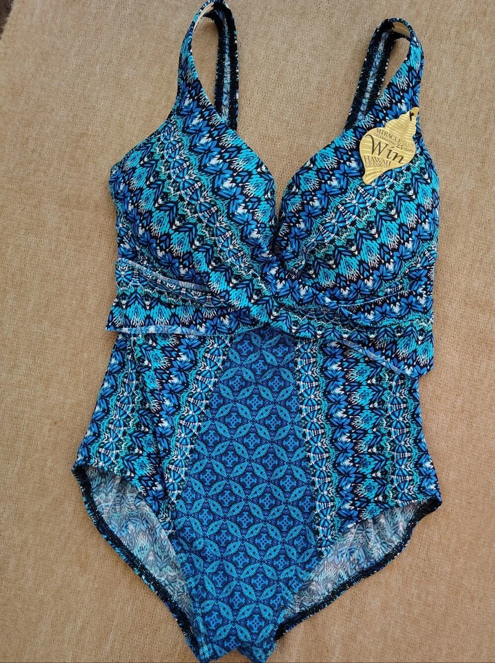 MiracleSuit Women' NWT One Piece Criss Cross Escape Swimsuit Size 16 Mosaic Blue